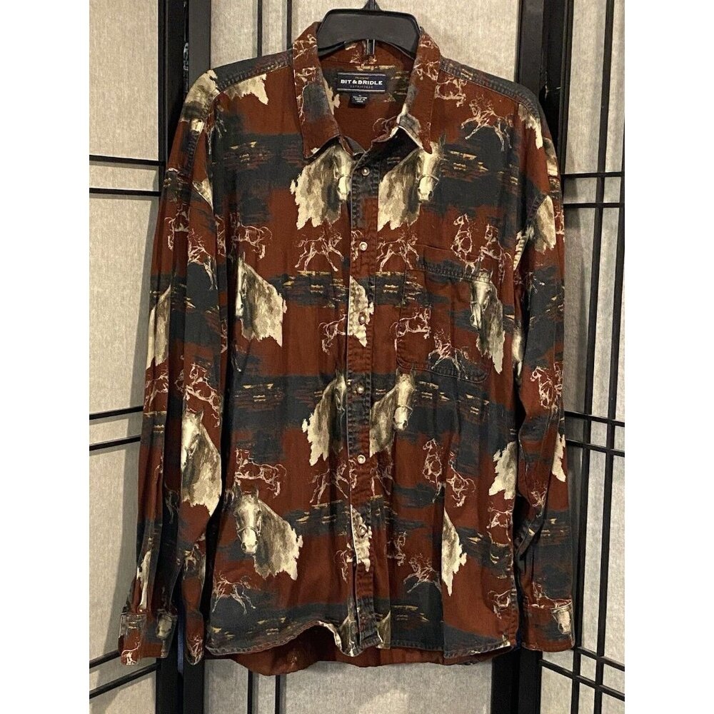 Bit & Bridle 90s Original Vintage Western Mens Horse Button Down Shirt sz XL